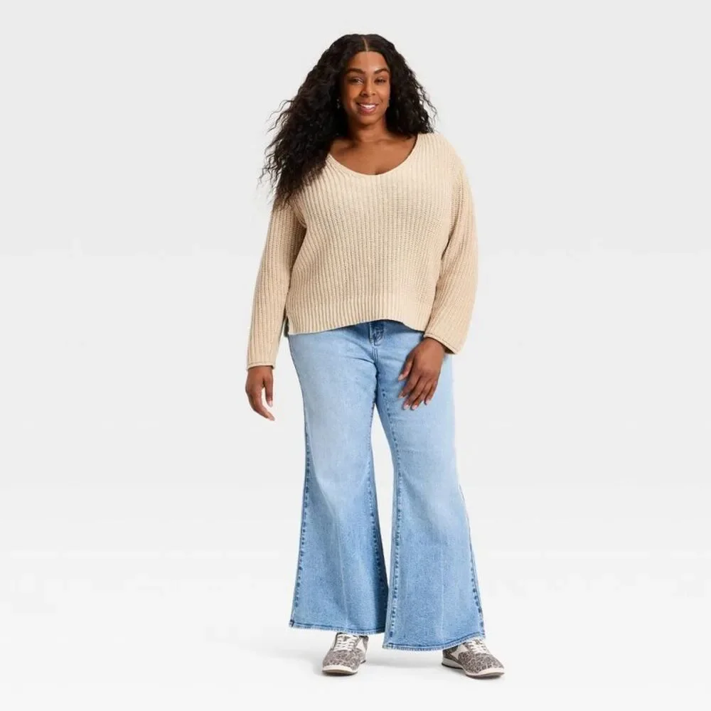 Women'S Wide V-Neck Pullover Sweater - Oatmeal 2X